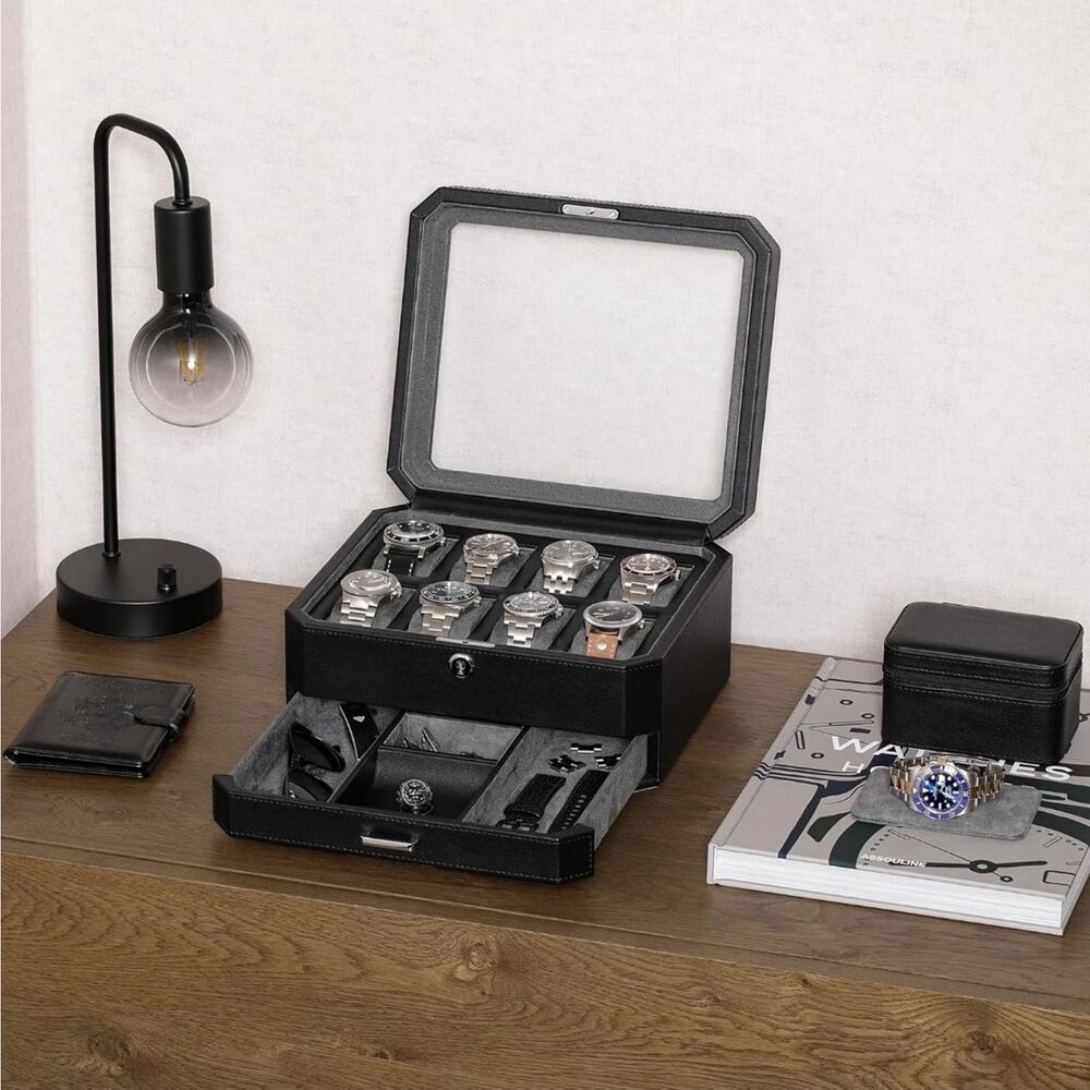 Luxury 8 Slot Leather Watch Box with Valet Drawer - Black/Grey Organizer - Picture 4 of 7